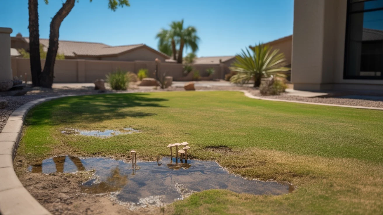 An overwatered lawn in Gilbert showing signs of yellowing, mushroom growth, and puddles.