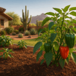 Pepper plants thriving in the summer heat of Gilbert, Arizona