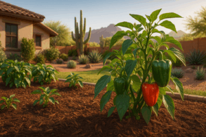Pepper plants thriving in the summer heat of Gilbert, Arizona