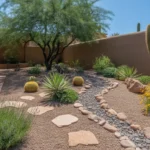 Backyard landscaping in Gilbert with pest-repelling plants and gravel drainage