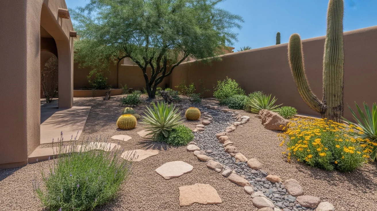 Backyard landscaping in Gilbert with pest-repelling plants and gravel drainage