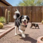 A dog playing in a secure, pet-friendly Gilbert backyard with a sturdy fence and desert landscaping.