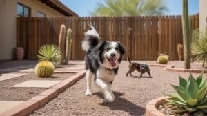 A dog playing in a secure, pet-friendly Gilbert backyard with a sturdy fence and desert landscaping.