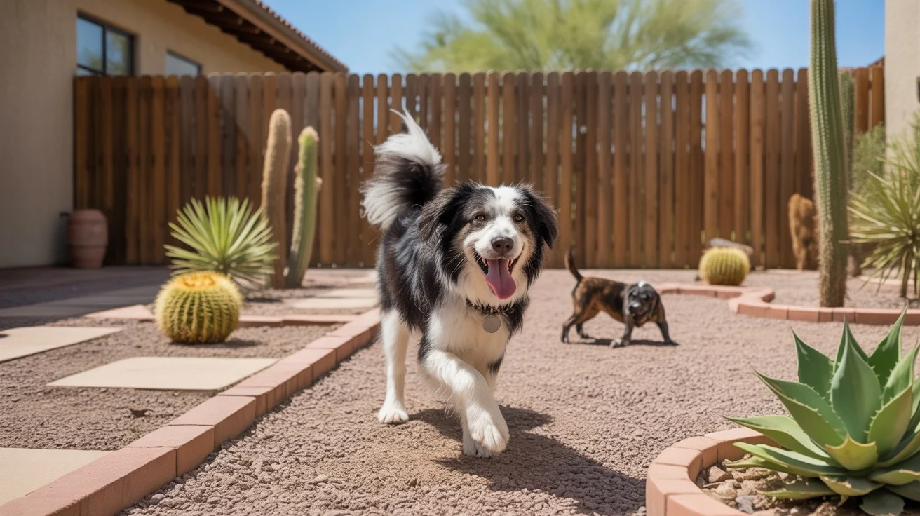 A dog playing in a secure, pet-friendly Gilbert backyard with a sturdy fence and desert landscaping.