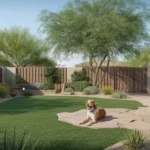 A dog enjoying a pet-safe backyard in Gilbert with non-toxic plants and comfortable hardscaping.
