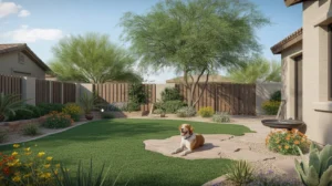 A dog enjoying a pet-safe backyard in Gilbert with non-toxic plants and comfortable hardscaping.