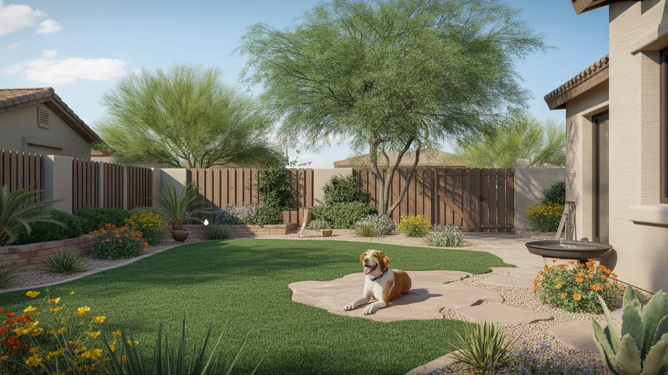 A dog enjoying a pet-safe backyard in Gilbert with non-toxic plants and comfortable hardscaping.