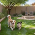 A dog and cat playing together safely in a well-prepared backyard in Gilbert, Arizona