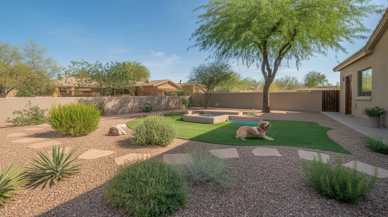 A dog playing in a pet-safe backyard with paw-friendly surfaces and non-toxic plants.