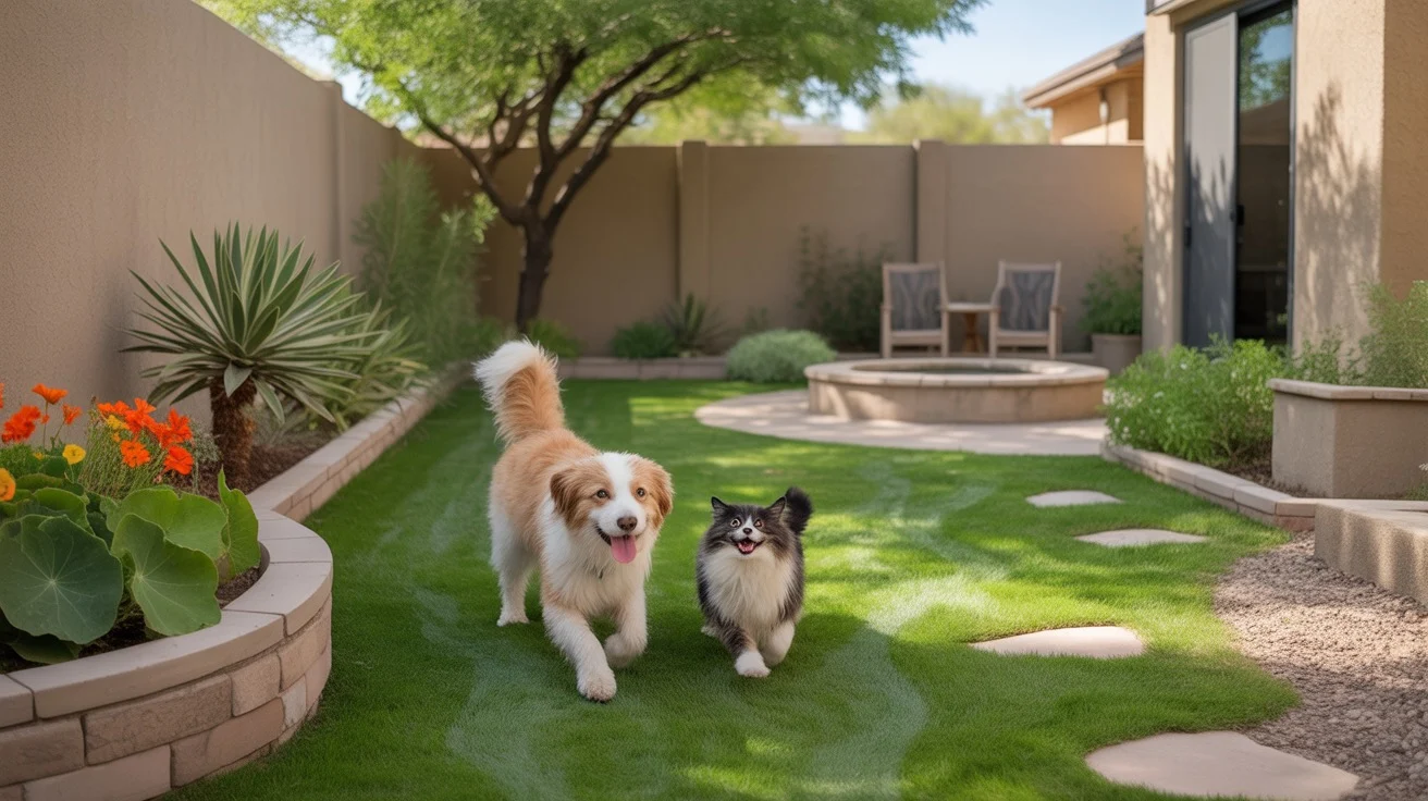 A dog and cat playing together safely in a well-prepared backyard in Gilbert, Arizona