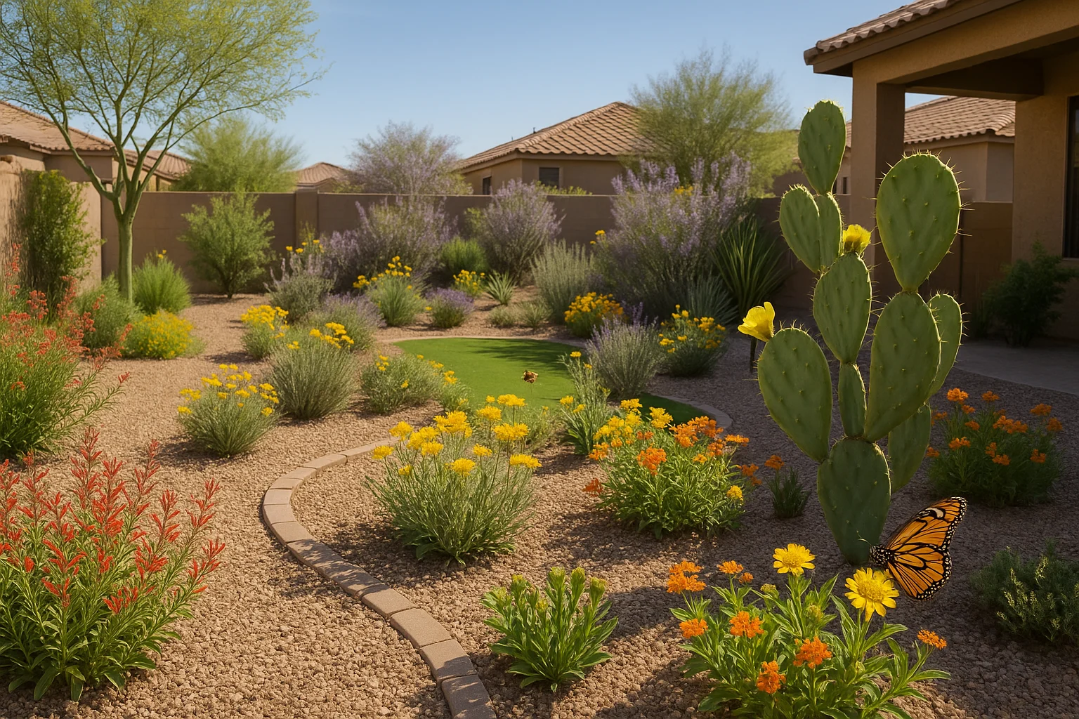 A vibrant pollinator garden in Gilbert with diverse plants and visiting pollinators