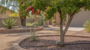 Pomegranate tree with ripe fruits in light shade in a Queen Creek yard