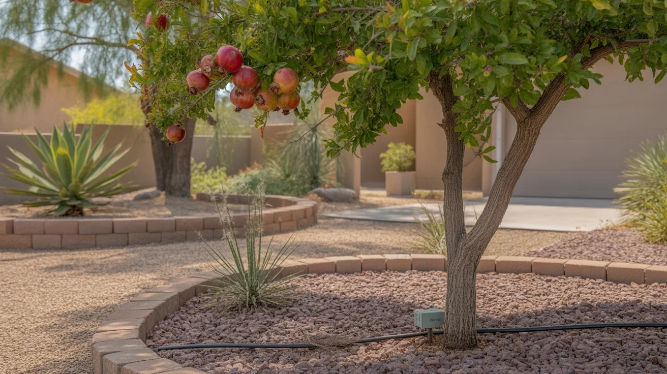 Pomegranate tree with ripe fruits in light shade in a Queen Creek yard