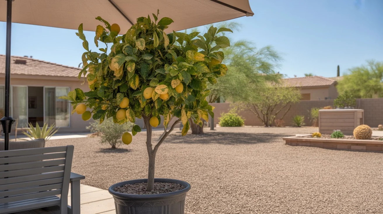 Potted lemon tree shaded by patio umbrella during Queen Creek heatwave