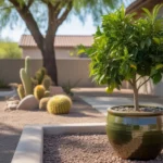 Potted citrus tree in a Southwest yard with gravel mulch and desert landscaping