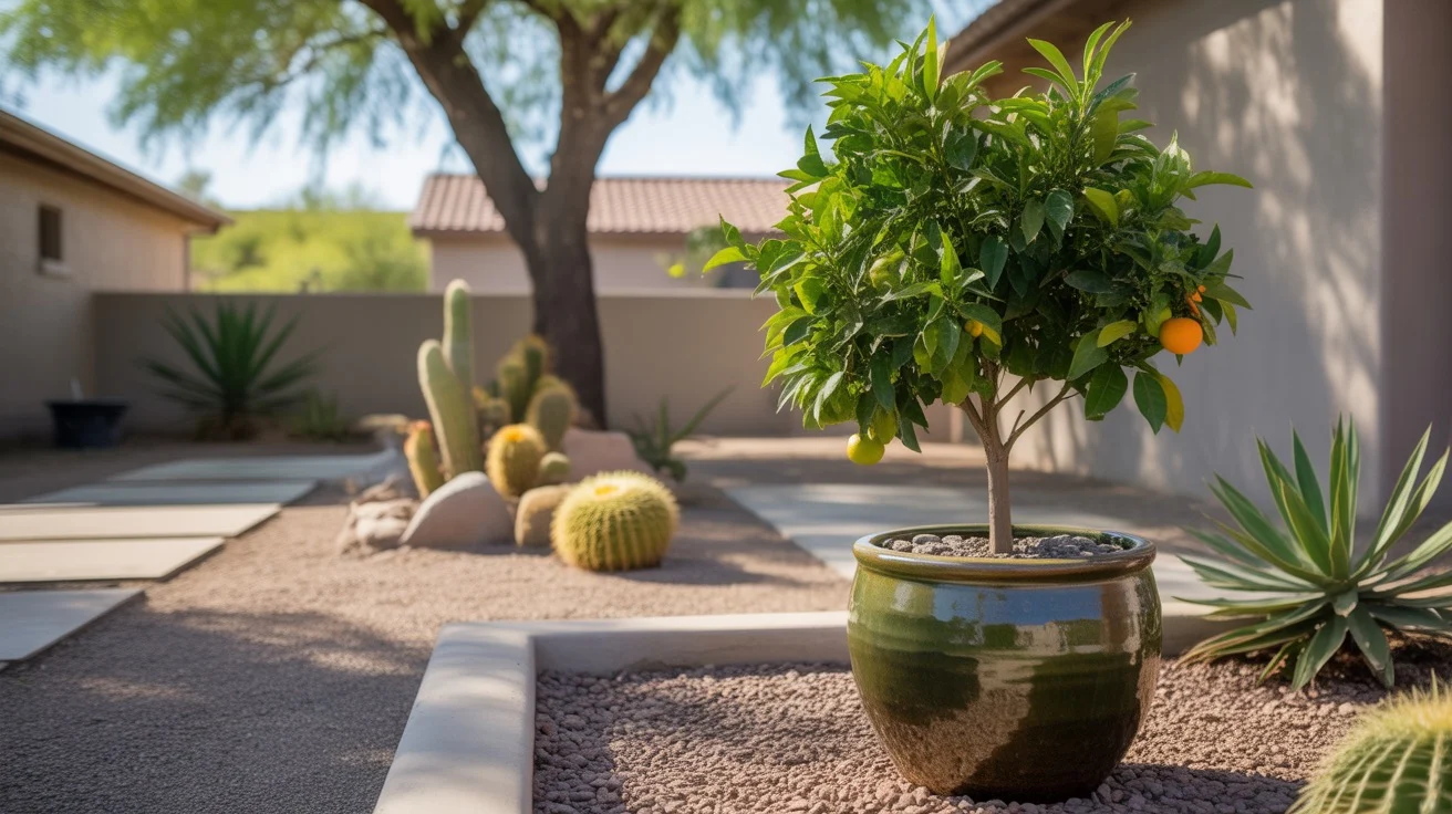 Potted citrus tree in a Southwest yard with gravel mulch and desert landscaping