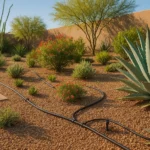 Drip irrigation setup in a lush Gilbert backyard landscape