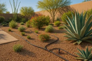 Drip irrigation setup in a lush Gilbert backyard landscape