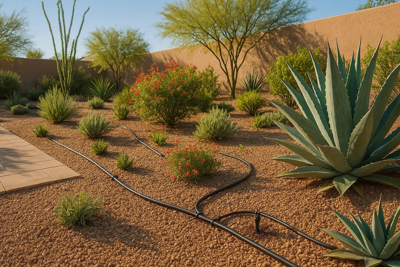 Drip irrigation setup in a lush Gilbert backyard landscape