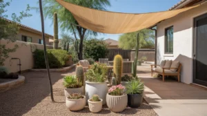 Potted plants in light-colored containers with shade cloth in Gilbert summer heat