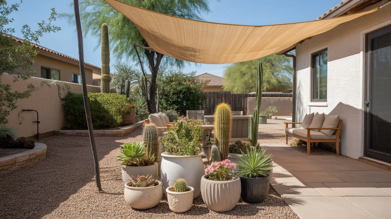 Potted plants in light-colored containers with shade cloth in Gilbert summer heat