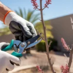 Pruning a flowering desert shrub in a Gilbert yard