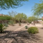 A drought-tolerant Queen Creek yard with native plants, gravel, and a seating area.