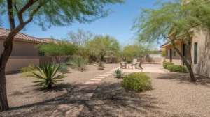 A drought-tolerant Queen Creek yard with native plants, gravel, and a seating area.