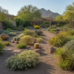 A colorful, thriving garden in Queen Creek featuring native plants and xeriscaping techniques.