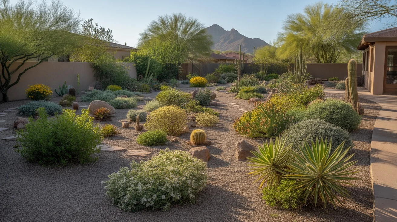A colorful, thriving garden in Queen Creek featuring native plants and xeriscaping techniques.