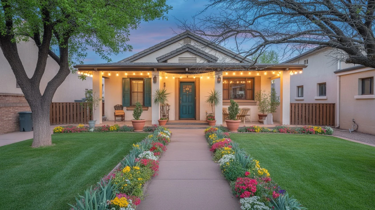 Lush green lawn and colorful spring flowers lining a walkway to boost curb appeal at a Queen Creek home