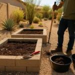 Person cleaning raised garden beds in Queen Creek yard with tools and fresh soil amendments nearby