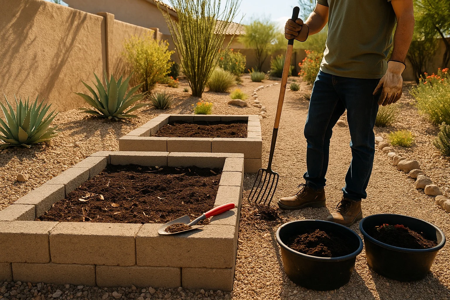 Person cleaning raised garden beds in Queen Creek yard with tools and fresh soil amendments nearby