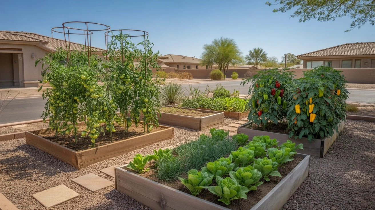 A lush spring vegetable garden in Queen Creek with raised beds full of tomato plants, pepper plants, and leafy greens.
