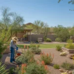 A lush Queen Creek yard in spring with blooming desert plants and tidy landscaping