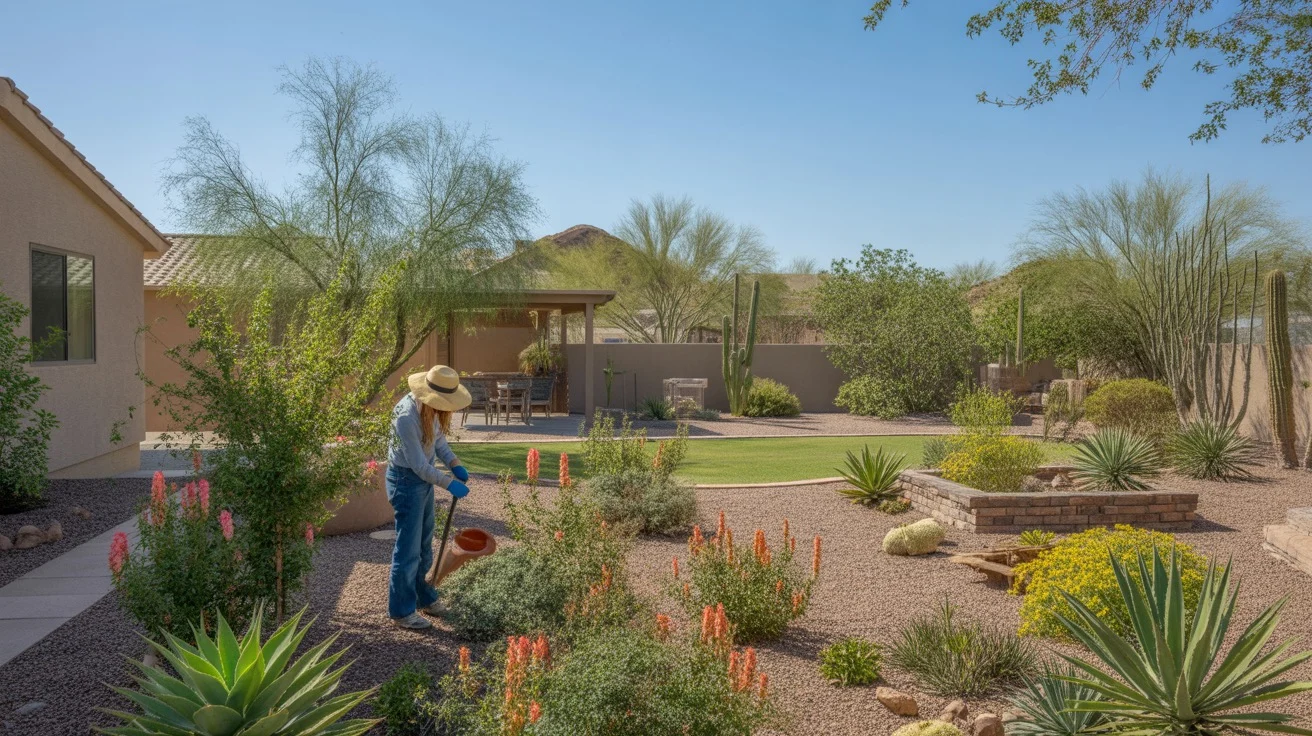 A lush Queen Creek yard in spring with blooming desert plants and tidy landscaping