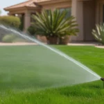 A lush green lawn being watered in a Queen Creek backyard in spring