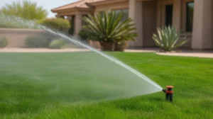 A lush green lawn being watered in a Queen Creek backyard in spring