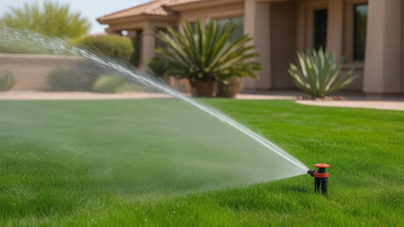 A lush green lawn being watered in a Queen Creek backyard in spring