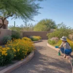 Woman tending to plants in a lush Queen Creek backyard in spring