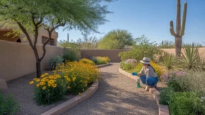 Woman tending to plants in a lush Queen Creek backyard in spring