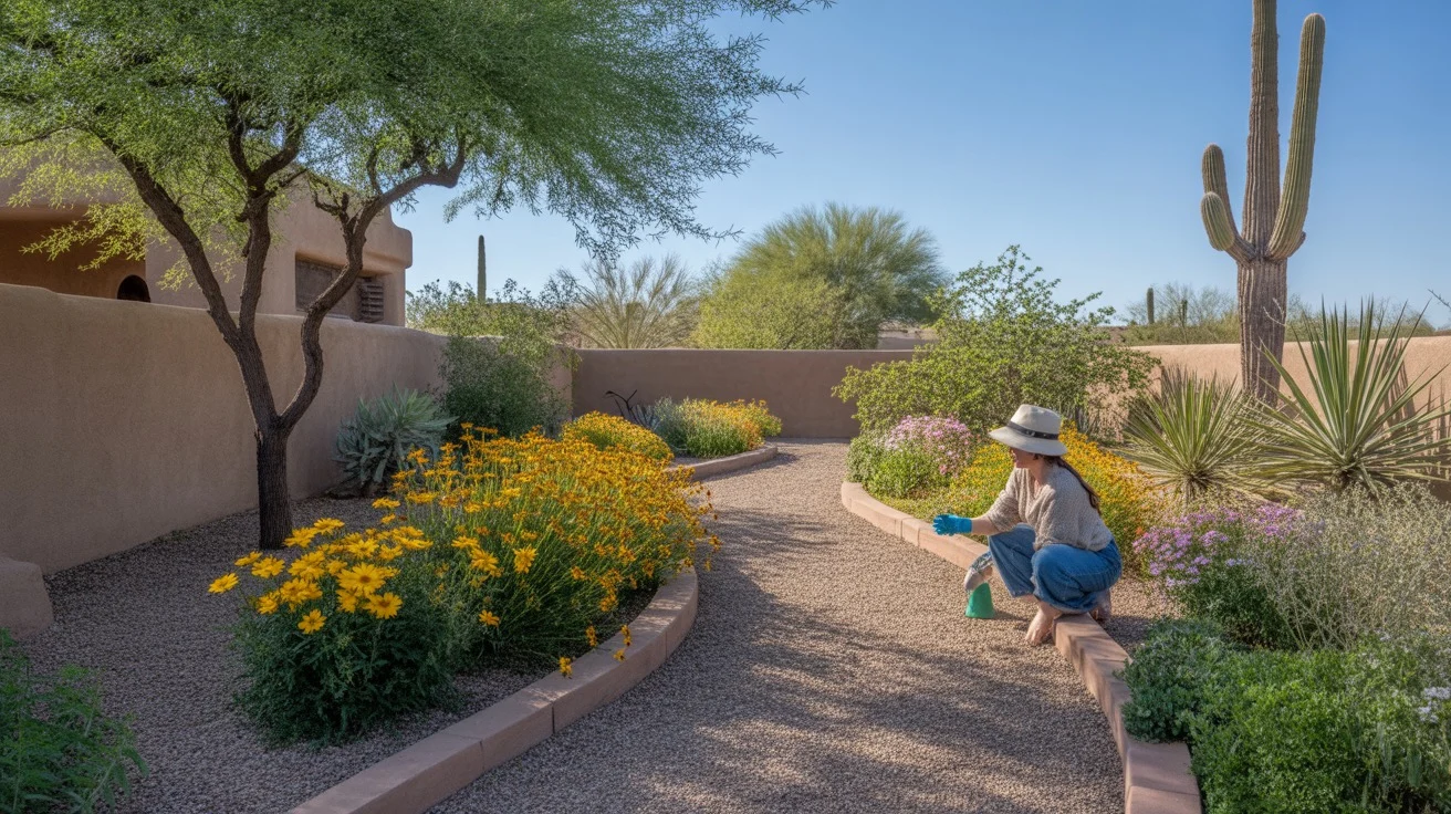 Woman tending to plants in a lush Queen Creek backyard in spring