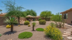 Drought-tolerant Queen Creek yard with drip irrigation under watering restrictions