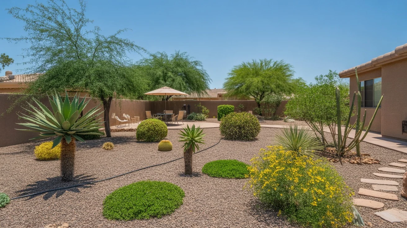 Drought-tolerant Queen Creek yard with drip irrigation under watering restrictions