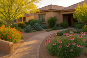 Queen Creek garden with lush greenery and vibrant blooms