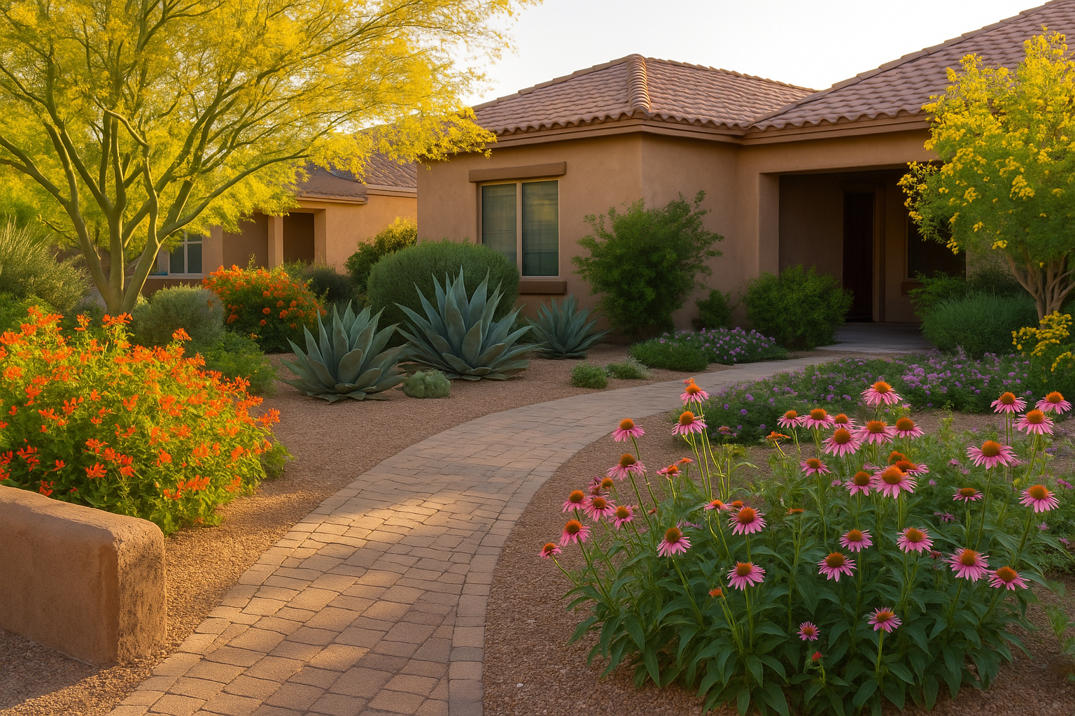 Queen Creek garden with lush greenery and vibrant blooms