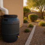 A rain barrel installed next to a downspout in a Gilbert home.