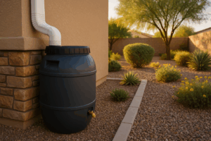 A rain barrel installed next to a downspout in a Gilbert home.