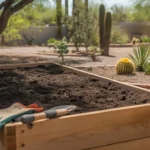 Refreshed raised bed garden soil with compost in spring, ready for planting