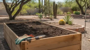 Refreshed raised bed garden soil with compost in spring, ready for planting